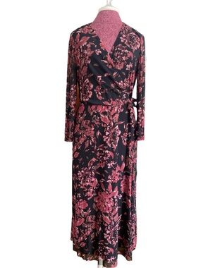Anne Klein Black Floral Print Faux Wrap Midi Dress